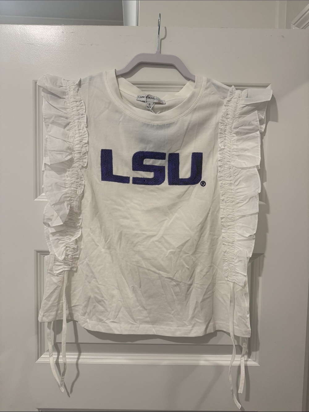 LSU White Ruffle Sleeve Women's Tee